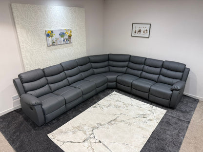 "Lando" Grey Leather 4C3 Recliner Corner Sofa Reversible | 2 x Drinks Tray Tables | Modular