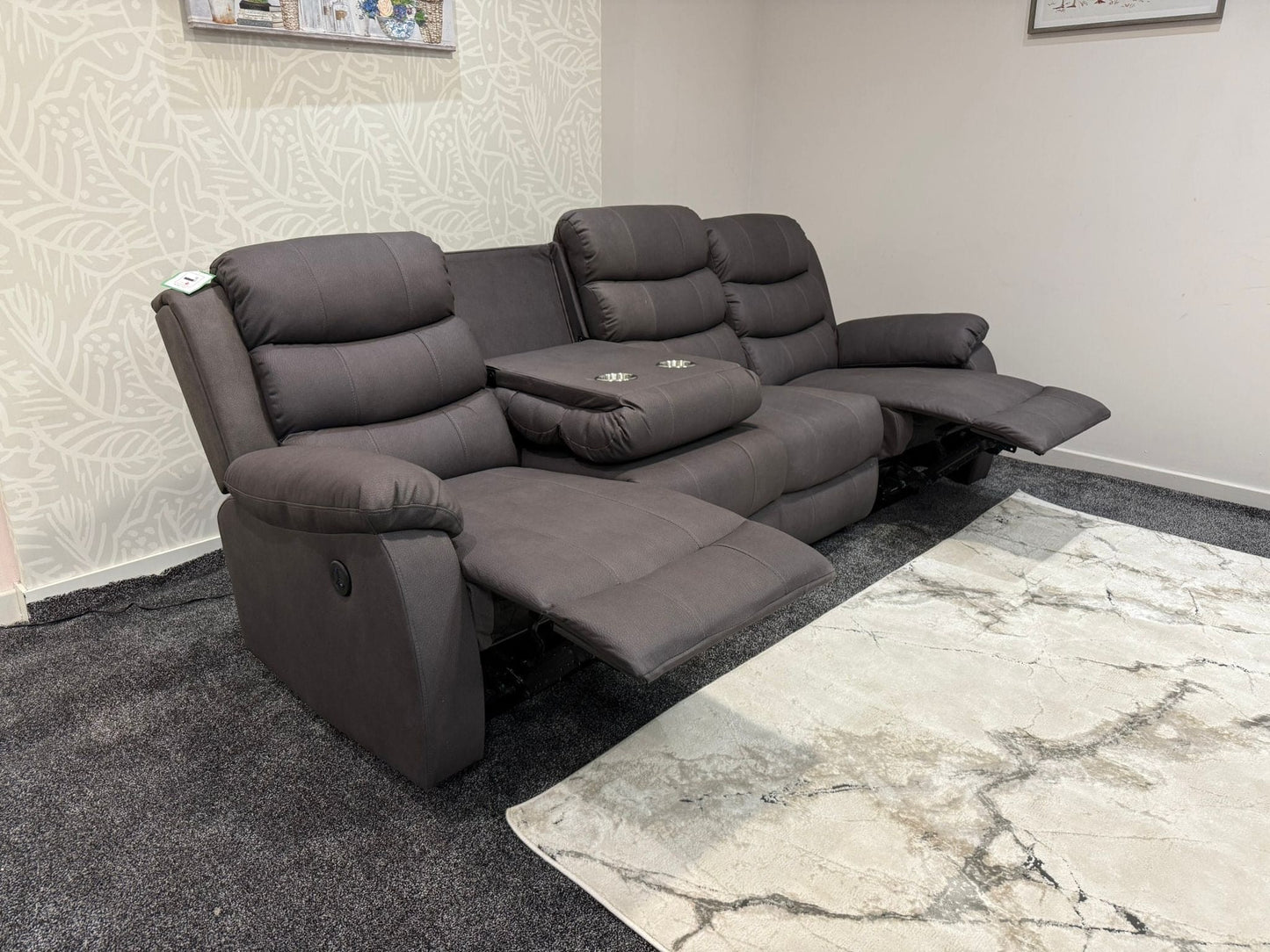 Willow Grey Easy Clean Fabric 4 Seater Sofa | Fold Down Tray Table, High Headrest & Seating Position Couch