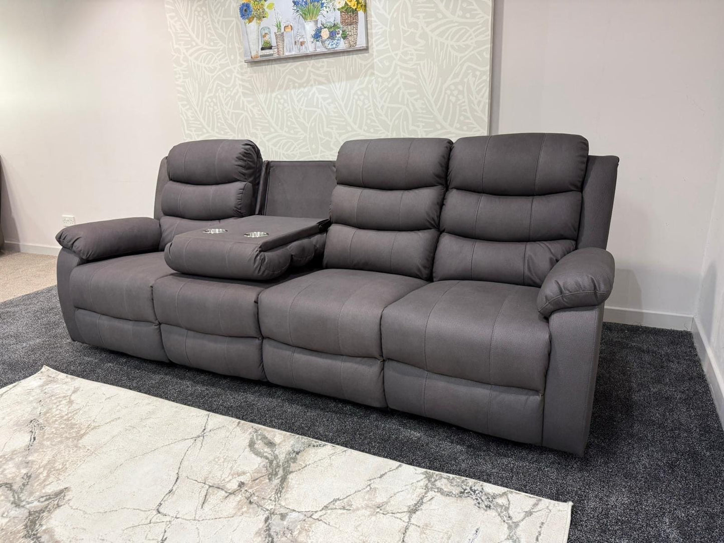 Willow Grey Easy Clean Fabric 4 Seater Sofa | Fold Down Tray Table, High Headrest & Seating Position Couch