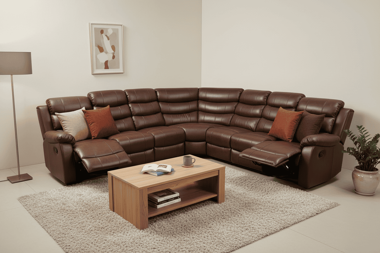 "Lando" Brown Leather 3C3 Recliner Corner Sofa | Drinks Tray Table x 2 | Modular
