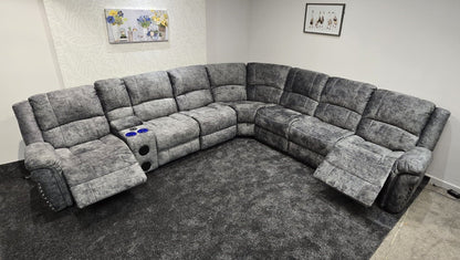 GALAXY Grey Plush Velvet Fabric Electric Reclining 3C3C Corner Sofa | Cooling Cupholders & USB Ports