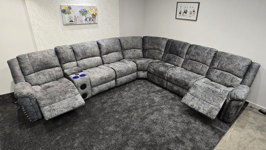 GALAXY Grey Plush Velvet Fabric Electric Reclining 3C3C Corner Sofa | Cooling Cupholders & USB Ports