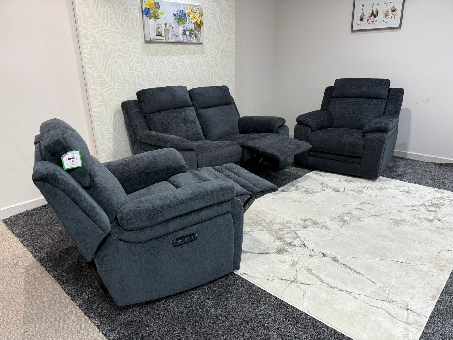 "Barre" Electric / Power Reclining Grey Fabric 2 Seater Sofa + 2 Armchairs Sofa Set - USB Charging Ports