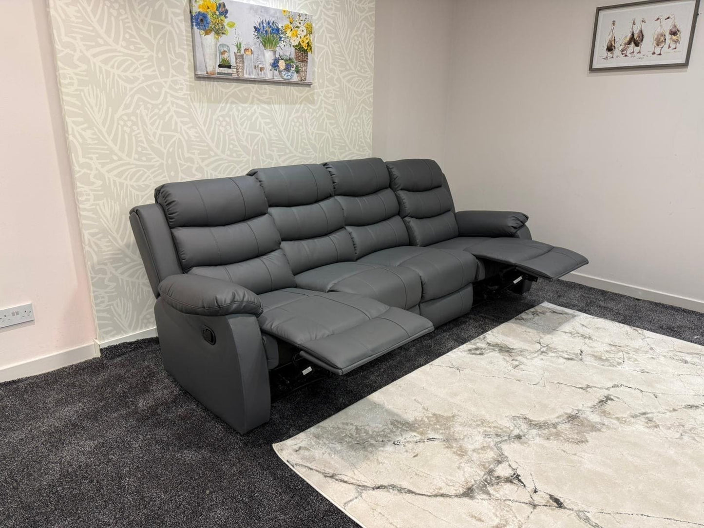 Lando Grey Leather 4 Seater Sofa | Fold Down Tray Table, High Headrest & Seating Position Couch