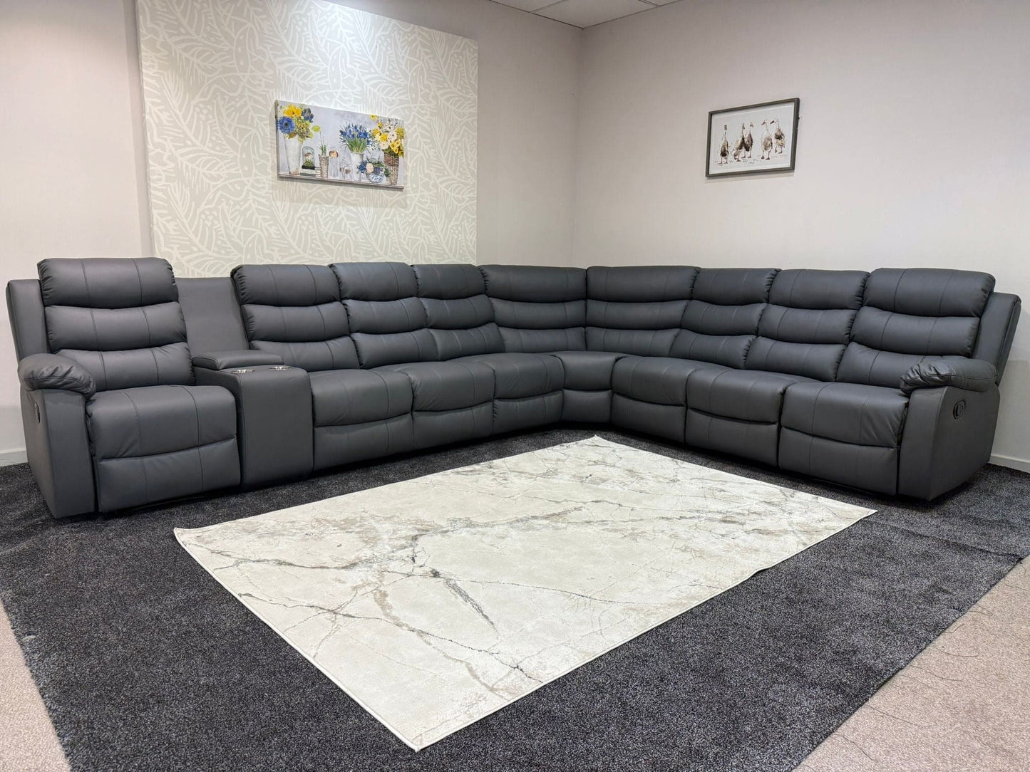 "Lando" Grey Leather 4C3C Recliner Corner Sofa Reversible | 2 x Drinks Tray Table | Modular
