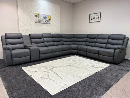 "Lando" Grey Leather 4C3C Recliner Corner Sofa Reversible | 2 x Drinks Tray Table | Modular
