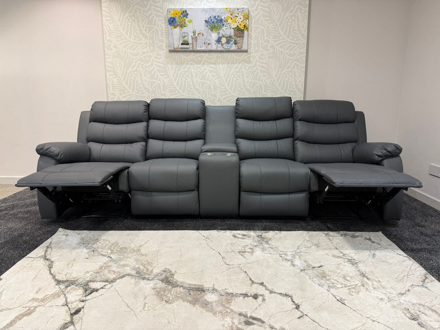 Lando Grey Leather 4 Seater Sofa With Drinks Console | Fold Down Tray Table, High Headrest & Seating Position Couch