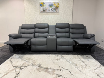 Lando Grey Leather 4 Seater Sofa With Drinks Console | Fold Down Tray Table, High Headrest & Seating Position Couch