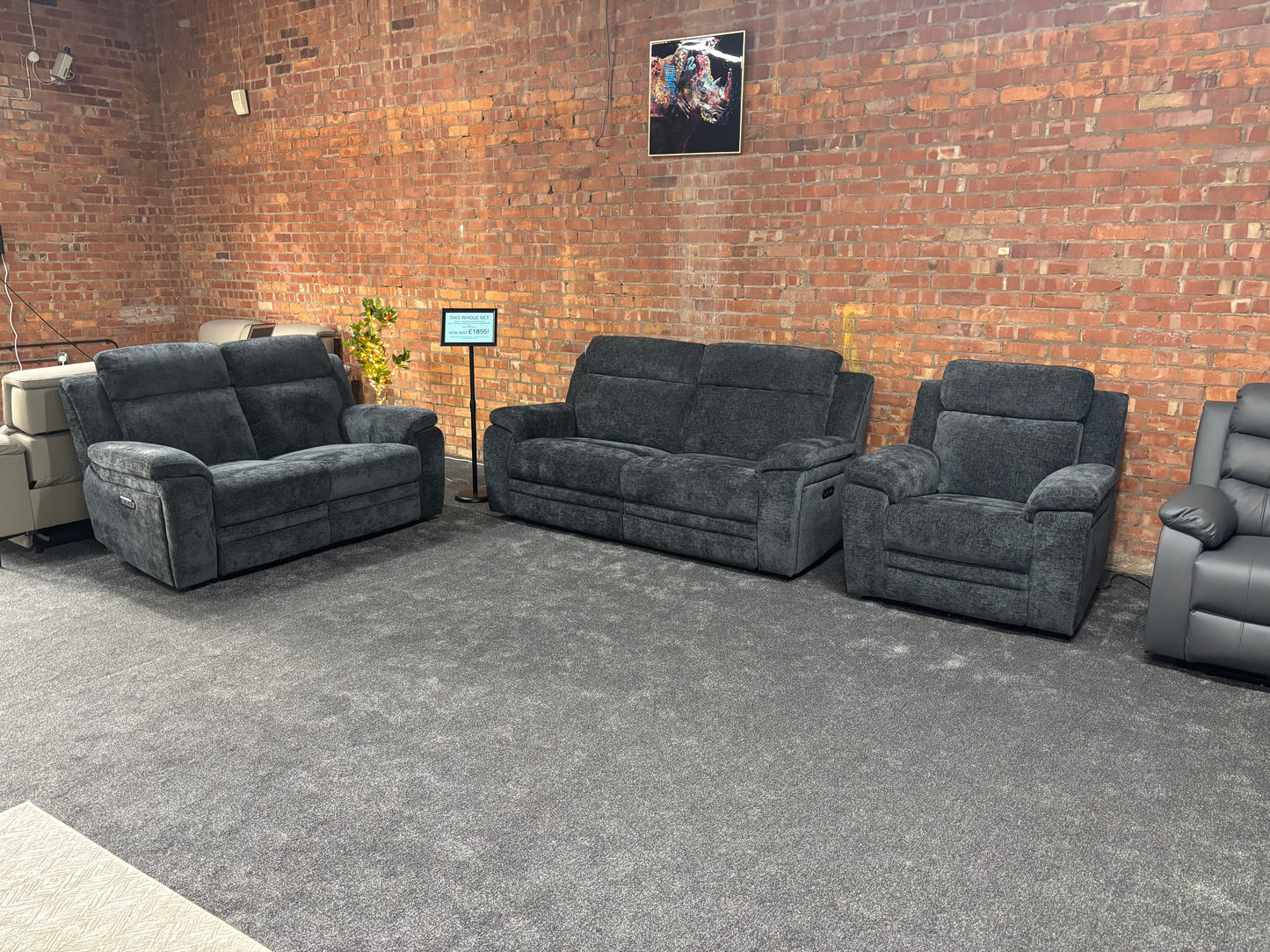 "Barre" Electric / Power Reclining Grey Fabric Sofa Set - USB Charging Ports