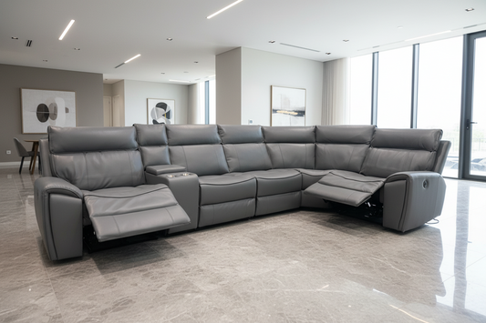 "Ronan" Grey Leather Electric Recliner Corner Sofa With USB Charing Ports + Drinks Console With Storage (Reversible)