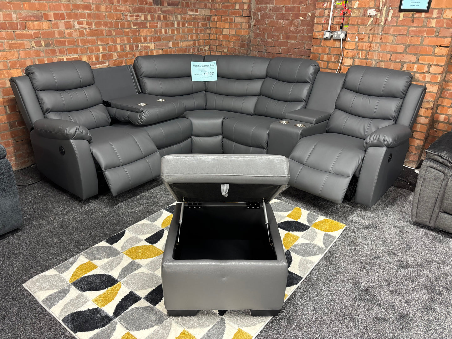 'Lando' Grey Leather Reversible Reclining Corner Sofa | Comes With A Storage Footstool, Drinks Console | Fold Down Tray Table | High Backrest & Seating Position | Couch |