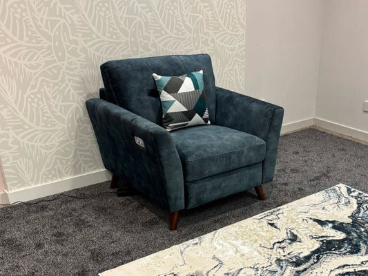 DFS Electric Recliner Ocean / Blue Plush Velvet Fabric Armchair 1 Sofa