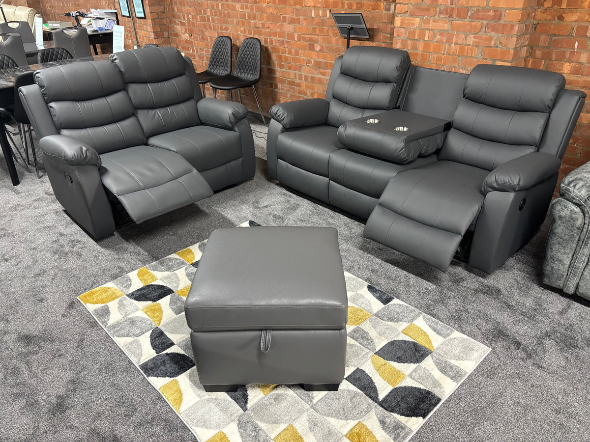 Lando Grey Leather 3 + 2 Seater + Storage Footstool Reclining Sofa Set With Drinks Tray Table Plus A High Backrest & Seating Position | Couch |