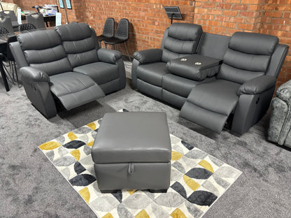 Lando Grey Leather 3 + 2 Seater + Storage Footstool Reclining Sofa Set With Drinks Tray Table Plus A High Backrest & Seating Position | Couch |