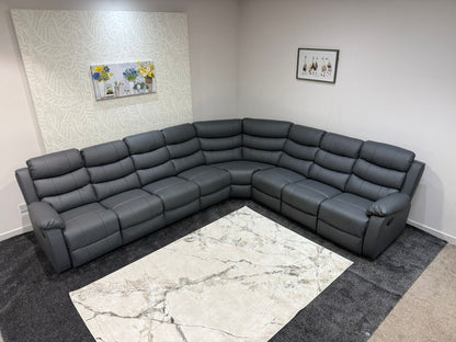 "Lando" Grey Leather 4C3 Recliner Corner Sofa Reversible | 2 x Drinks Tray Tables | Modular