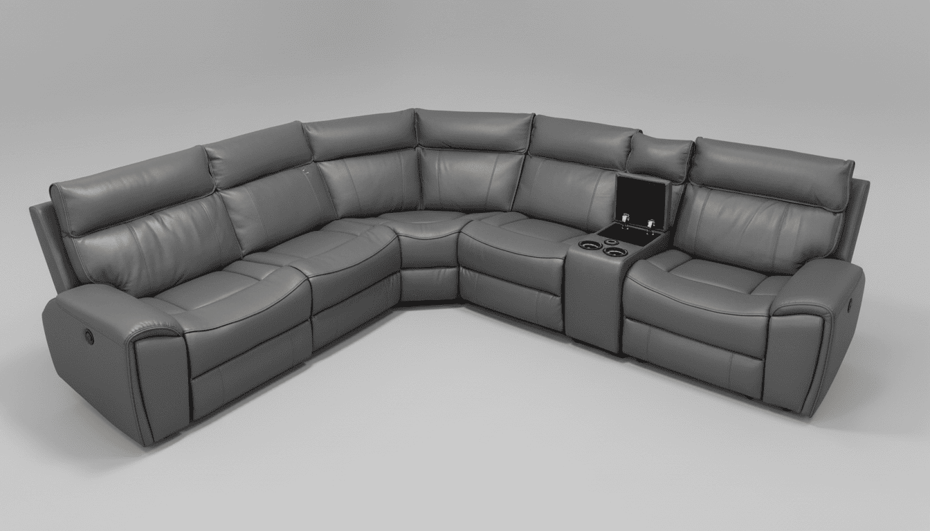 " Ronan " Drinks Cooling Cupholders Milano 2c2c Leather Sectional 6 Unit Power Recliner Corner Sofa With USB Charging Ports