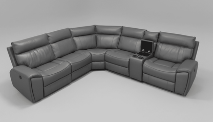 " Ronan " Drinks Cooling Cupholders Milano 2c2c Leather Sectional 6 Unit Power Recliner Corner Sofa With USB Charging Ports