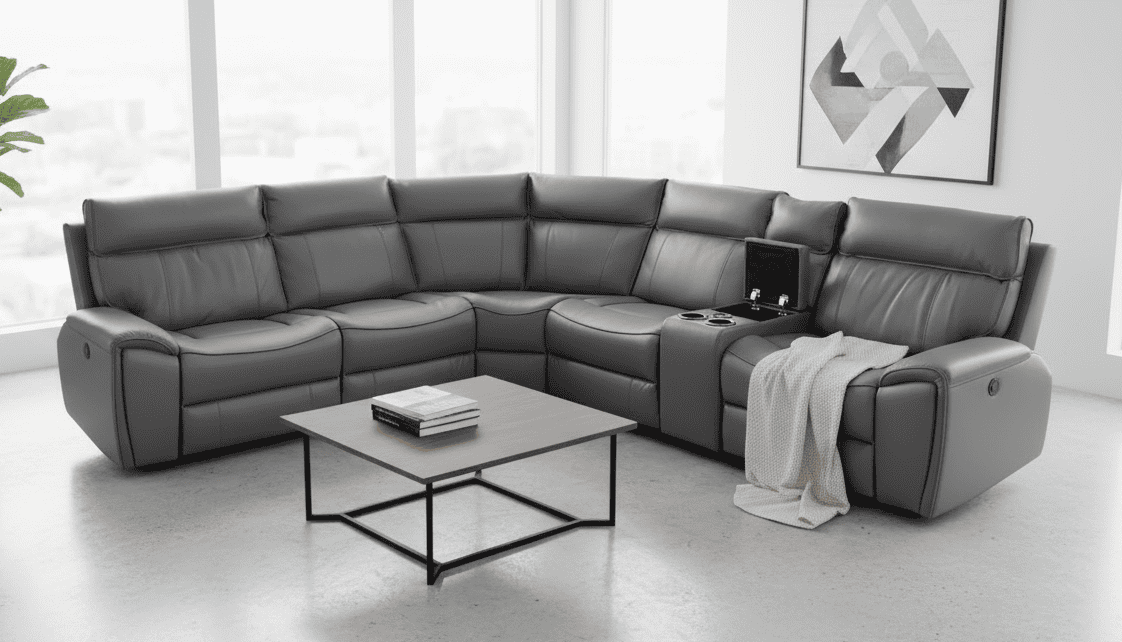 " Ronan " Drinks Cooling Cupholders Milano 2c2c Leather Sectional 6 Unit Power Recliner Corner Sofa With USB Charging Ports