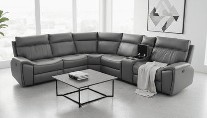 " Ronan " Drinks Cooling Cupholders Milano 2c2c Leather Sectional 6 Unit Power Recliner Corner Sofa With USB Charging Ports