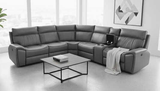 " Ronan " Drinks Cooling Cupholders Milano 2c2c Leather Sectional 6 Unit Power Recliner Corner Sofa With USB Charging Ports