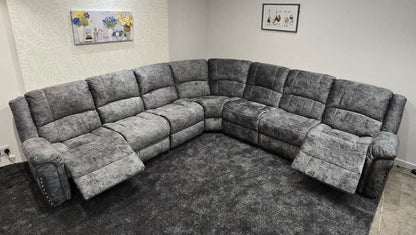 GALAXY Grey Plush Velvet Fabric Electric Reclining 3C3 Corner Sofa & USB Ports