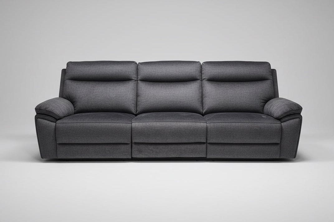"Xavier" 5 Seater Sofa In Grey Plush Fabric & Comes With Power Recliners, USB Charging Ports & Fold Out Cup Holders. LAF + RAF Armless