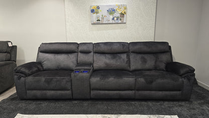 "Xavier" Reversible 5 Seater Cinema Sofa Grey Plush Fabric With Power Recliners, USB Charging Ports, Wireless Charging & Drinks Cooling Cup Holders. Laf + RAF + Armless + Tech Console