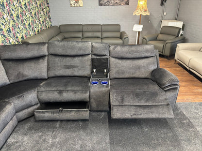 "Trek" 2c2c Grey Plush Fabric Power Recliner Corner Sofa With USB Charging Ports & Cinema Drinks Console