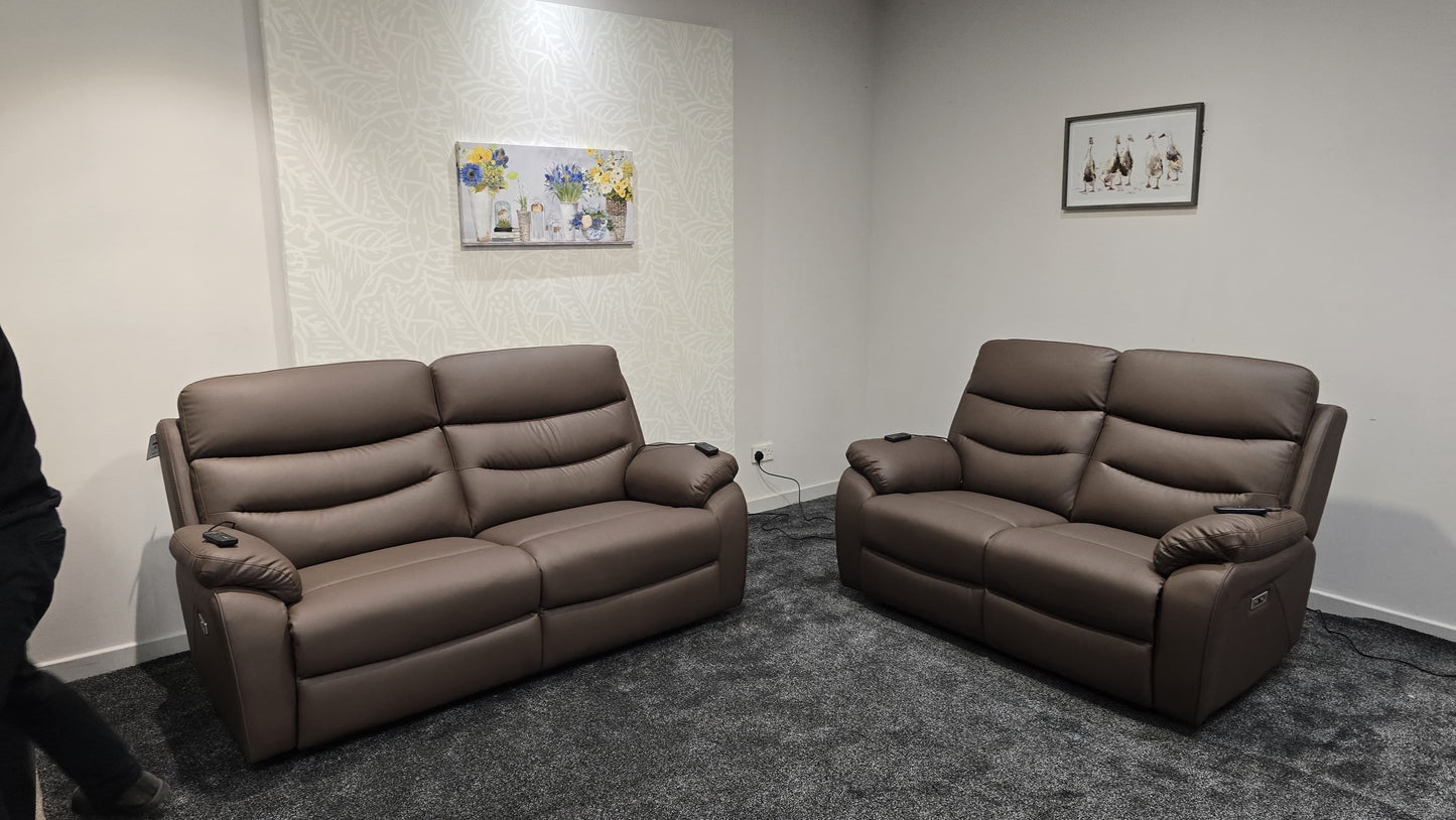 "Bertie" Brown Leather Electric Reclining Massage Sofa Range With Power Headrests & USB Charging Ports For Ultimate Comfort