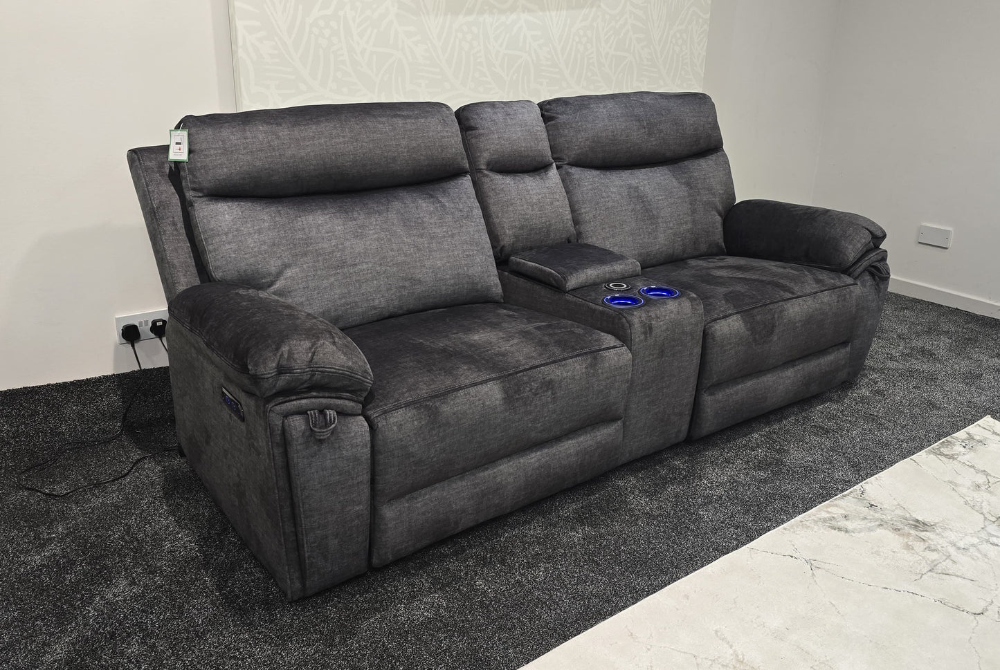 "Xavier" Cinema Sofa in Grey Plush Fabric & Comes With Power Recliners, USB Charging Ports, Drinks Cooling Cup Holders Plus Wireless Charging & Storage. Laf + RAF + Tech Console