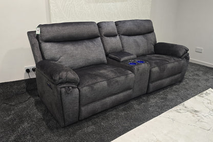"Xavier" Cinema Sofa in Grey Plush Fabric & Comes With Power Recliners, USB Charging Ports, Drinks Cooling Cup Holders Plus Wireless Charging & Storage. Laf + RAF + Tech Console