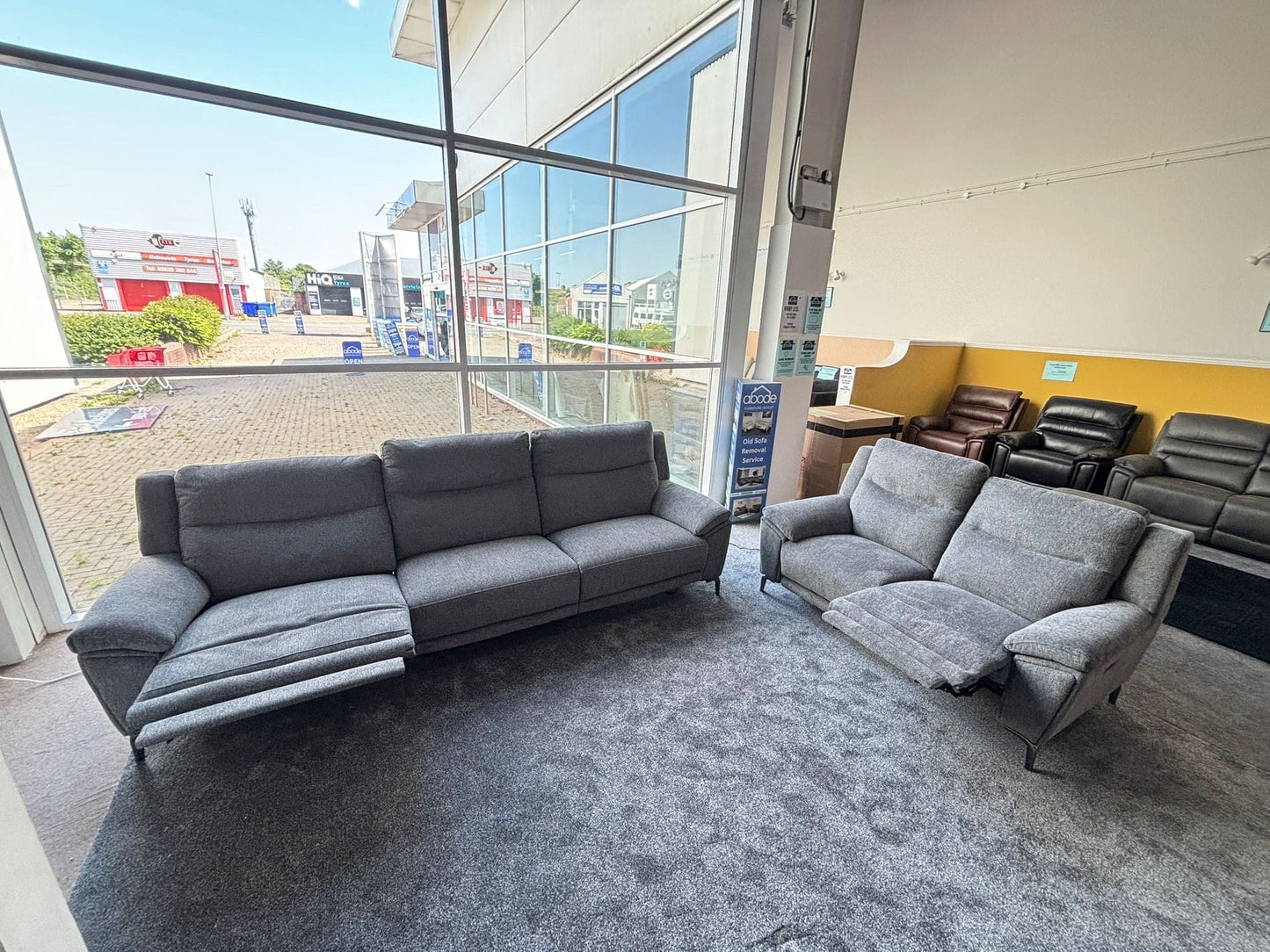 DFS STOWEN - Charcoal Grey Fabric Electric Reclining 5 Seater + Armchair Sofa Suite Set | USB Ports | Space Saving Recliner