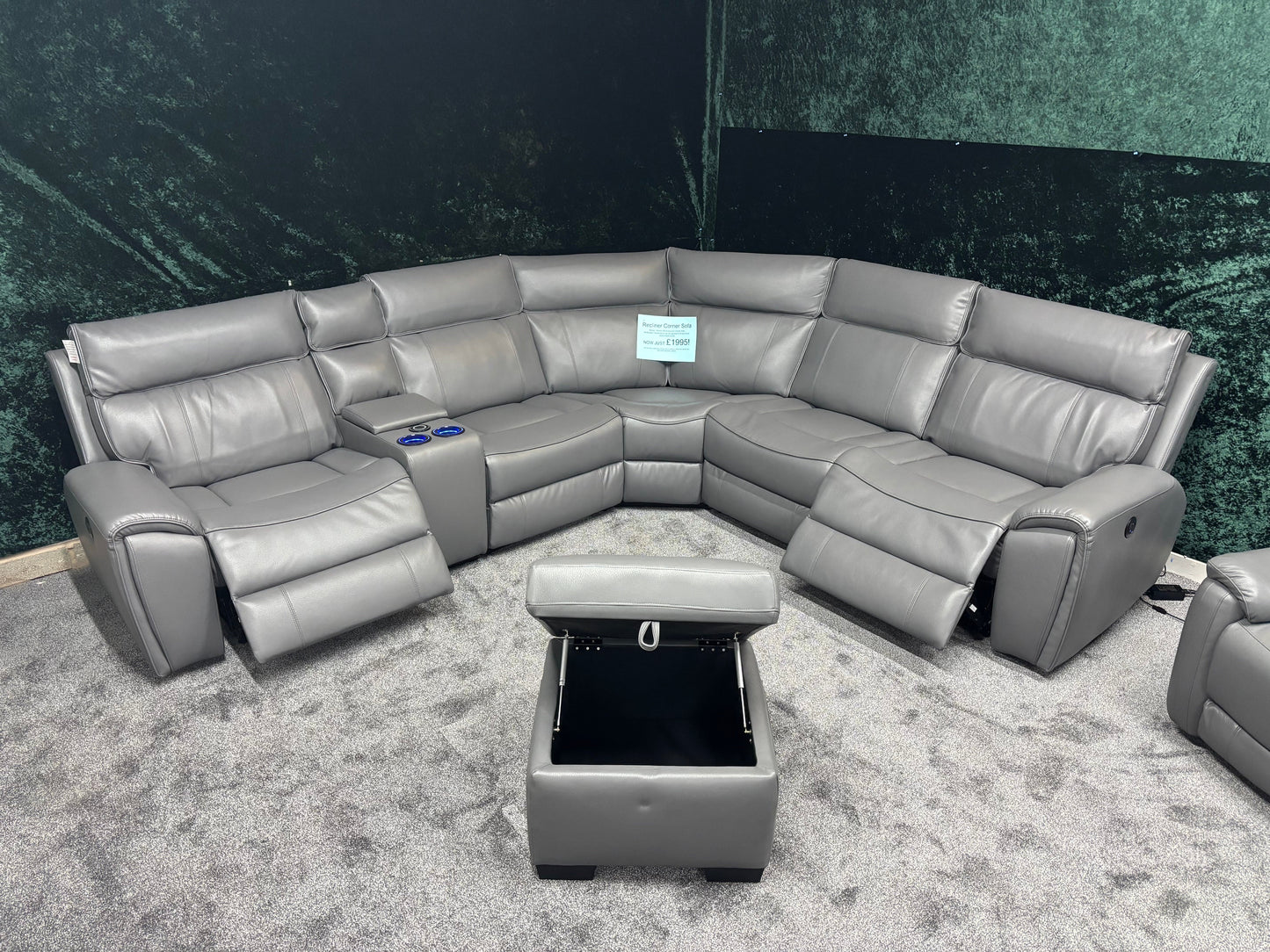"Ronan" Grey Leather Electric Recliner Corner Sofa + Storage Footstool, Cupholders & USB Charging Ports (Reversible)