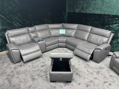 "Ronan" Grey Leather Electric Recliner Corner Sofa + Storage Footstool, Cupholders & USB Charging Ports (Reversible)