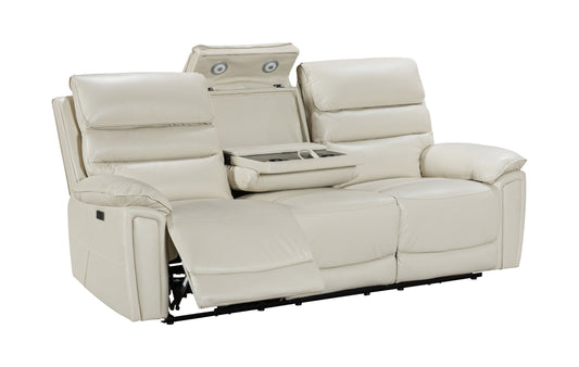Donald Ivory Cream Leather Electric / Power Reclining 3 Seater Sofa With USB Charging Ports & Drop Down Tray Table