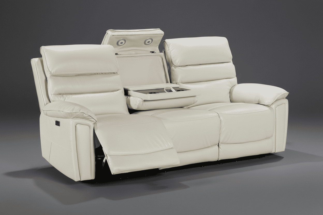 Bundle Deal! DFS Lawson Ivory Leather Electric Reclining 3 Seater + 2 Seater With Drinks Cooling Cupholders Sofa Set With USB Charging Ports & Drop Down Tray Table
