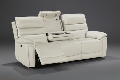 Bundle Deal! DFS Lawson Ivory Leather Electric Reclining 3 Seater + 2 Seater With Drinks Cooling Cupholders Sofa Set With USB Charging Ports & Drop Down Tray Table