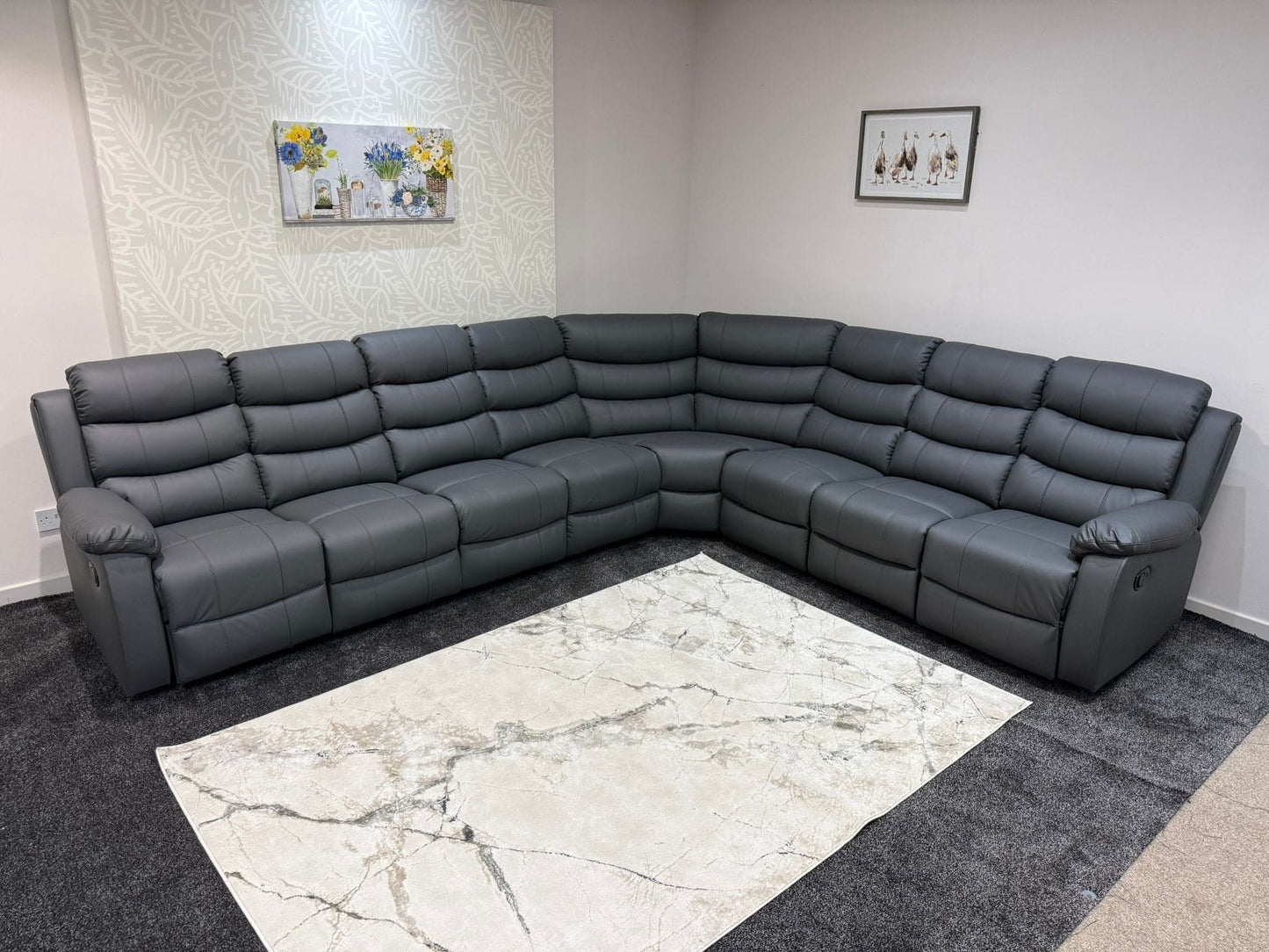 "Lando" Grey Leather 4C3 Recliner Corner Sofa Reversible | 2 x Drinks Tray Tables | Modular