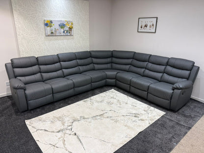 "Lando" Grey Leather 4C3 Recliner Corner Sofa Reversible | 2 x Drinks Tray Tables | Modular