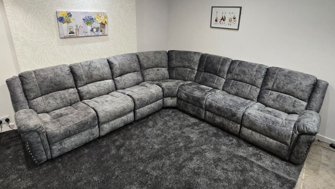GALAXY Grey Plush Velvet Fabric Electric Reclining 3C3 Corner Sofa & USB Ports