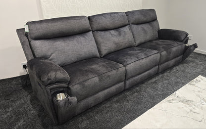 "Xavier" 5 Seater Sofa In Grey Plush Fabric & Comes With Power Recliners, USB Charging Ports & Fold Out Cup Holders. LAF + RAF Armless