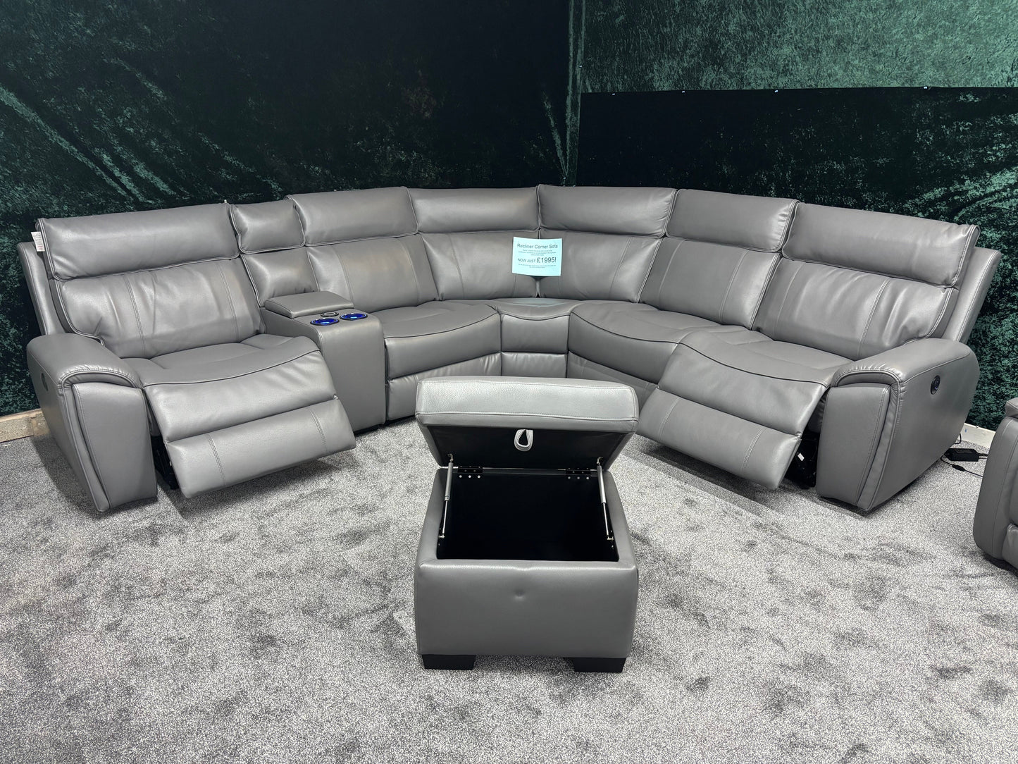 "Ronan" Grey Leather Electric Recliner Corner Sofa + Storage Footstool, Cupholders & USB Charging Ports (Reversible)