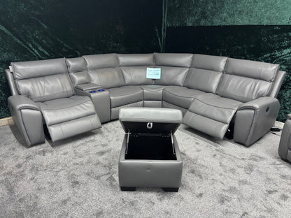 "Ronan" Grey Leather Electric Recliner Corner Sofa + Storage Footstool, Cupholders & USB Charging Ports (Reversible)