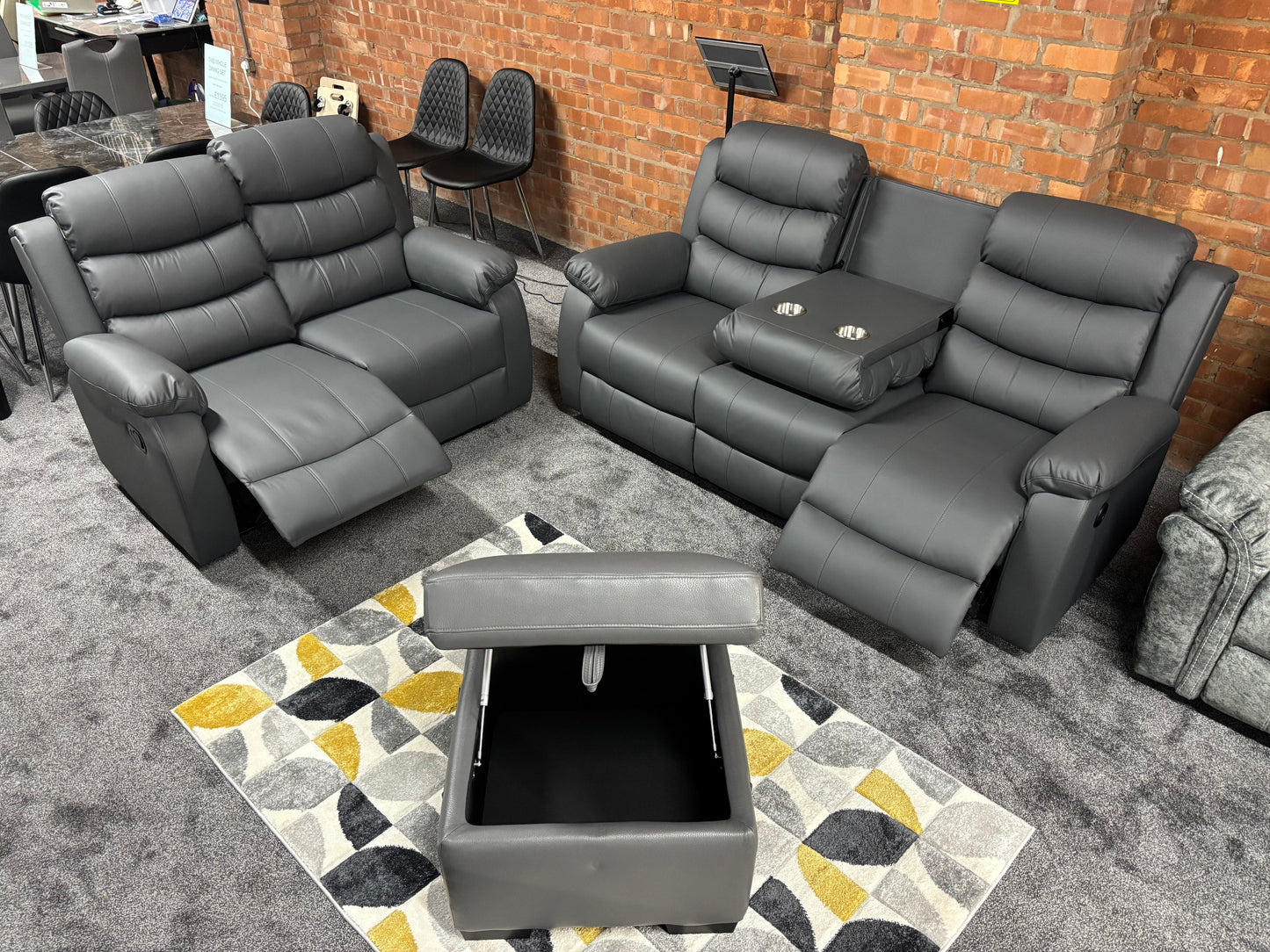 Lando Grey Leather 3 + 2 Seater + Storage Footstool Reclining Sofa Set With Drinks Tray Table Plus A High Backrest & Seating Position | Couch |