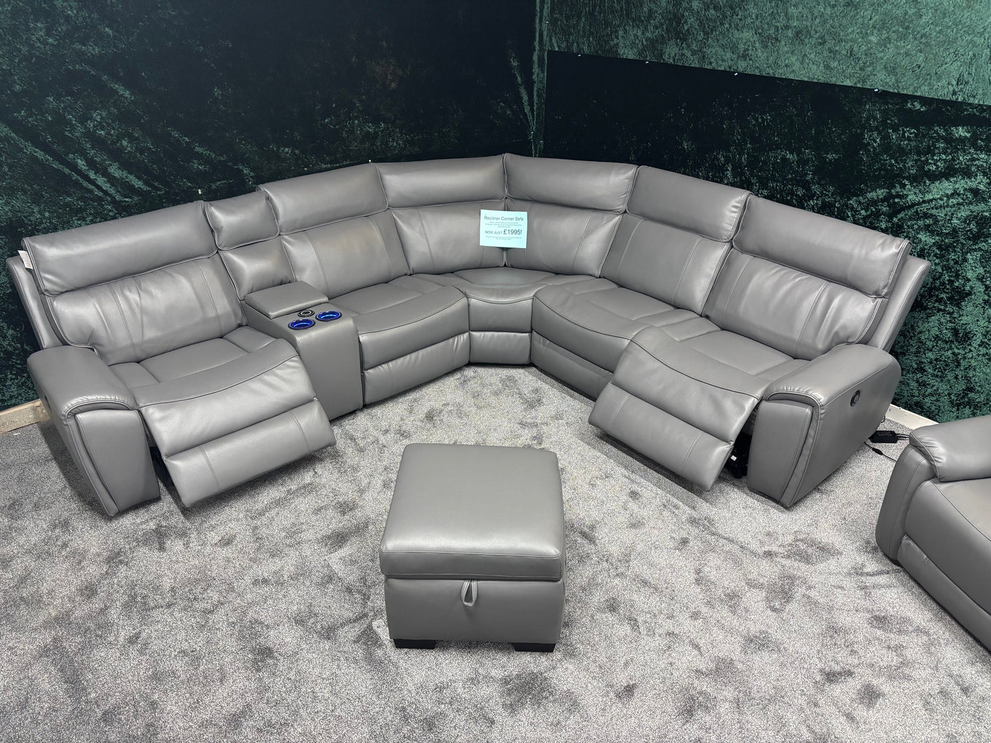 "Ronan" Grey Leather Electric Recliner Corner Sofa + Storage Footstool, Cupholders & USB Charging Ports (Reversible)