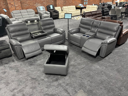 Donald Grey Leather Electric / Power Reclining 3 Seater + 2 Seater + Storage Footstool Sofa Suite Set With Drinks Coolers USB Charging Ports & Drop Down Tray Table