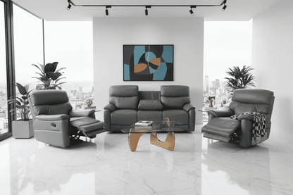 DFS MILANO Grey Leather Electric Reclining 3 + 1 + 1 Seater Sofa Suite Set + USB Ports & Drinks Tray Table | Couch |