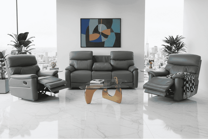 DFS MILANO Grey Leather Electric Reclining 3 + 1 + 1 Seater Sofa Suite Set + USB Ports & Drinks Tray Table | Couch |