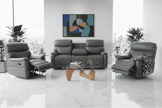 DFS MILANO Grey Leather Electric Reclining 3 + 1 + 1 Seater Sofa Suite Set + USB Ports & Drinks Tray Table | Couch |