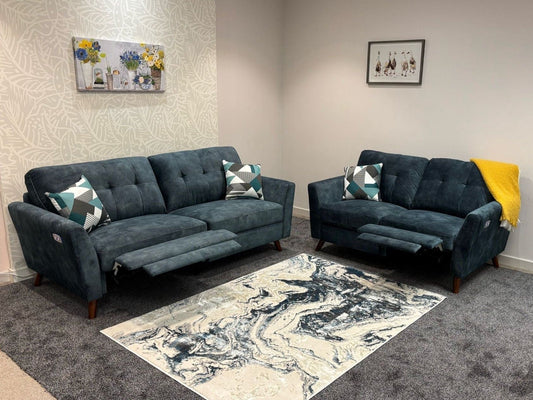 DFS Electric Recliner Ocean / Blue Plush Velvet Fabric 3 Seater, 2 Seater & Armchair Sofa Set Range